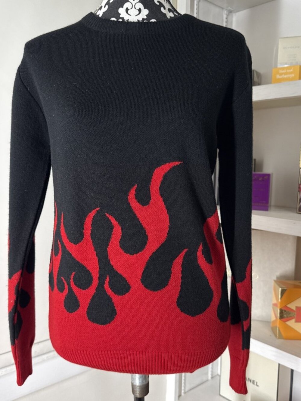 Hot Topic Red Flame Sweater Black Knit Pullover Size Small S Goth Emo Alt